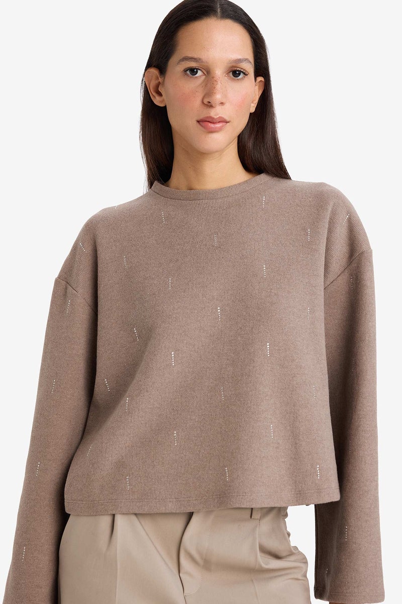 DeFacto Brown Woman Relax Fit Crew Neck Long Sleeve T-Shirt Casual - Image 1